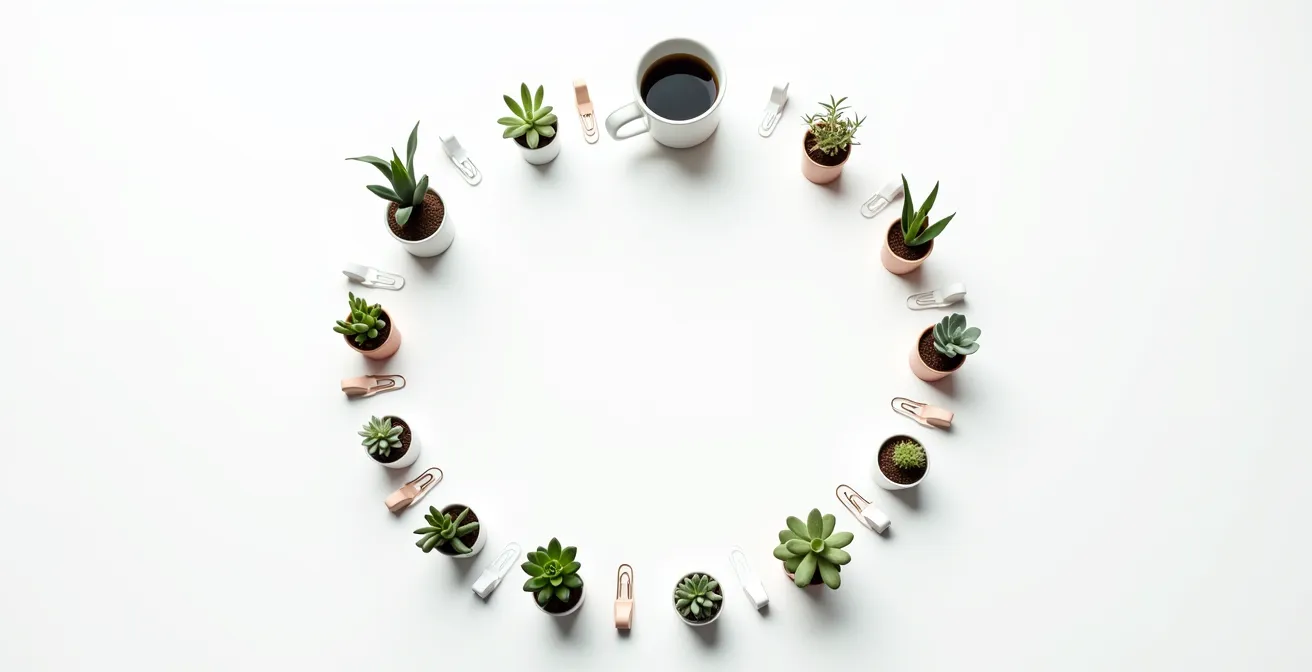 Vue en plongée d'objets disposés en cercle représentant le cycle annuel