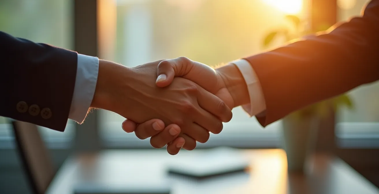 Poignée de main professionnelle en gros plan avec lumière dorée