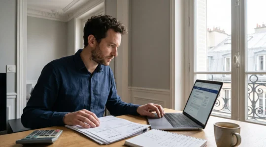 Un consultant indépendant compare une facture imprimée et son écran bancaire à son bureau dans un appartement parisien.