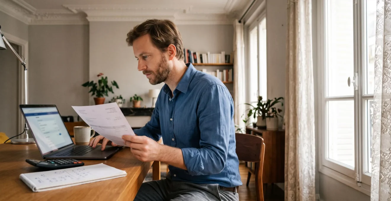 Un consultant indépendant compare une facture imprimée et son écran bancaire à son bureau dans un appartement parisien.