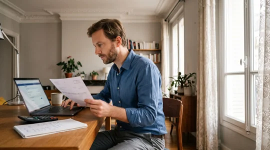 Un consultant indépendant compare une facture imprimée et son écran bancaire à son bureau dans un appartement parisien.