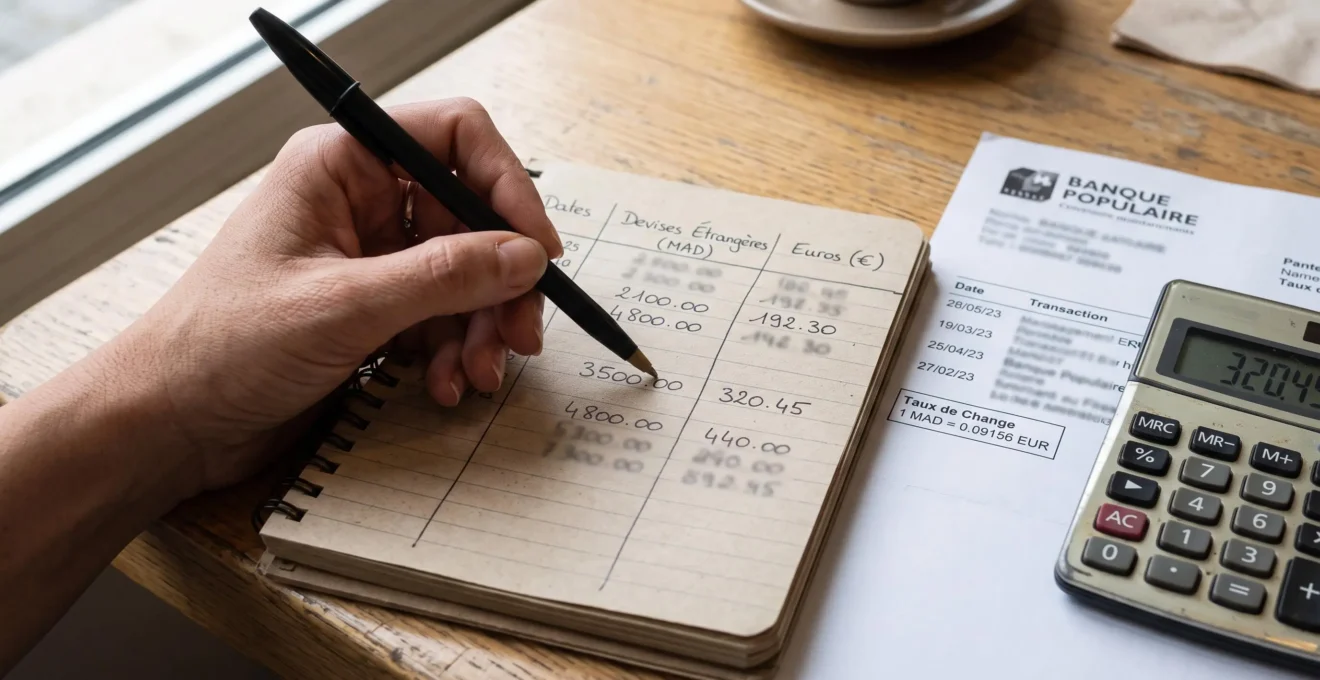 Une main pointe au stylo des montants notés en devise et en euros dans un carnet posé sur un bureau.